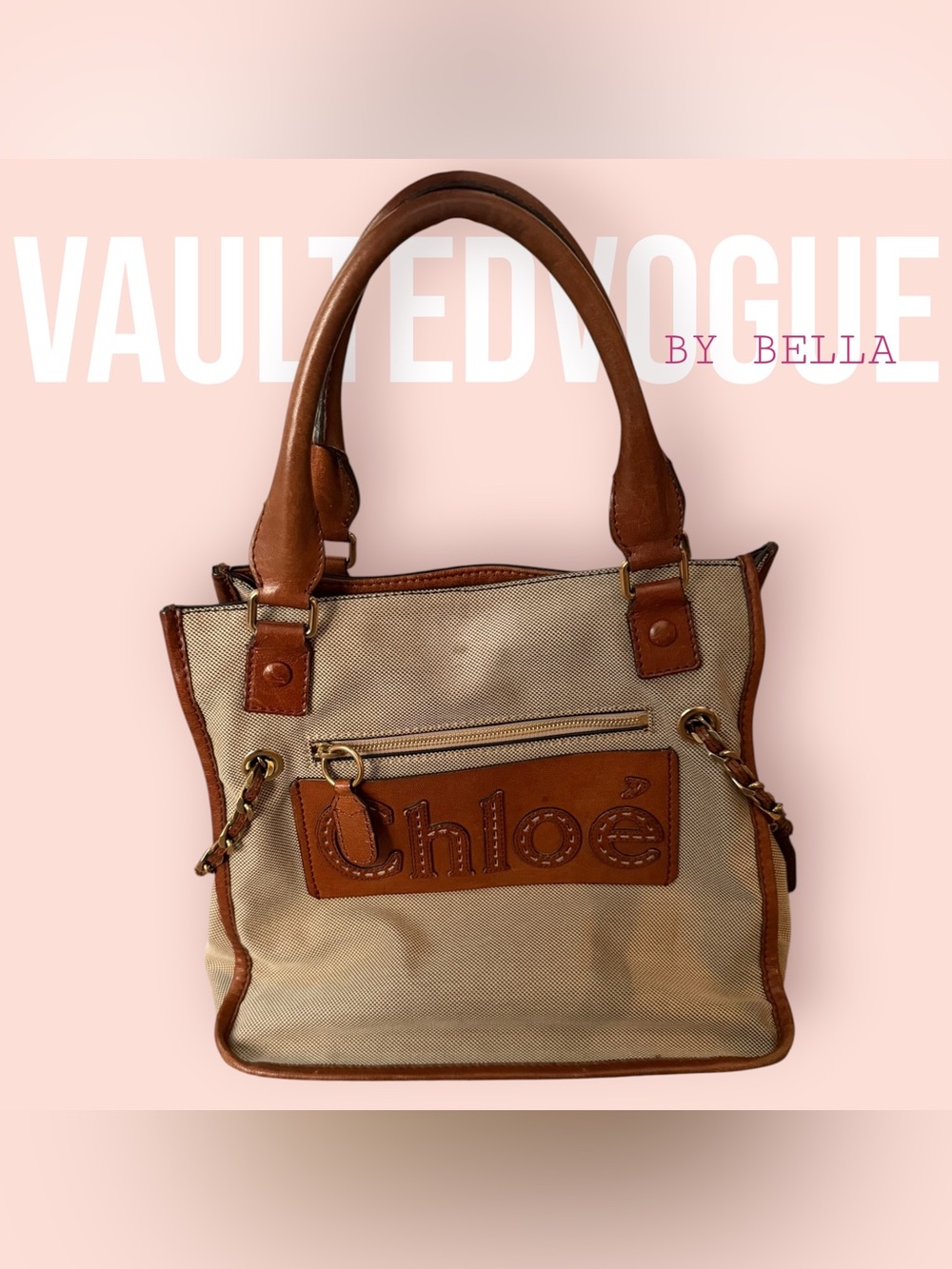 Chloé Beige Canvas Tote with Tan Leather Trim and Gold Hardware